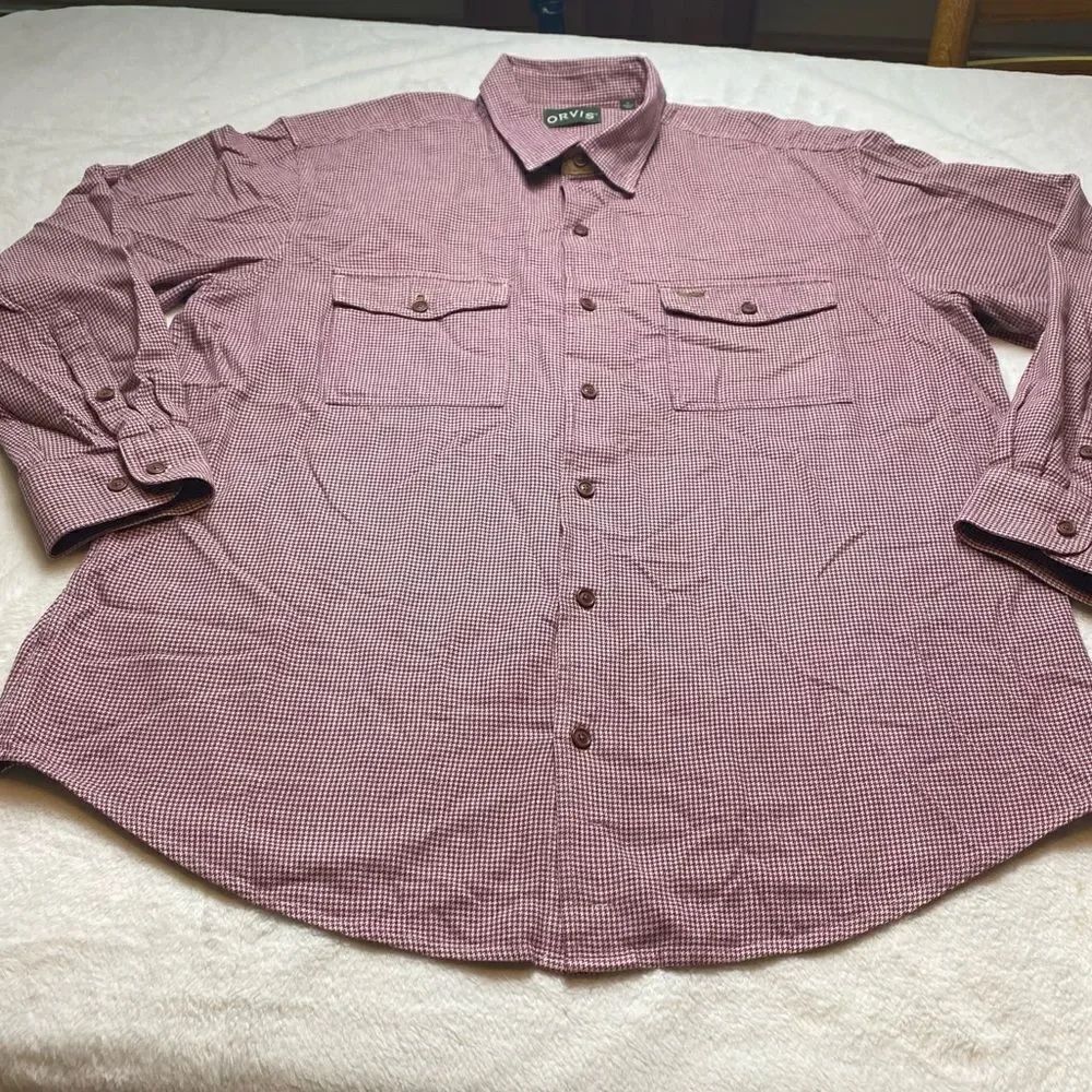 Orvis Maroon Houndstooth Long Sleeve Button Down Shirt Size XL